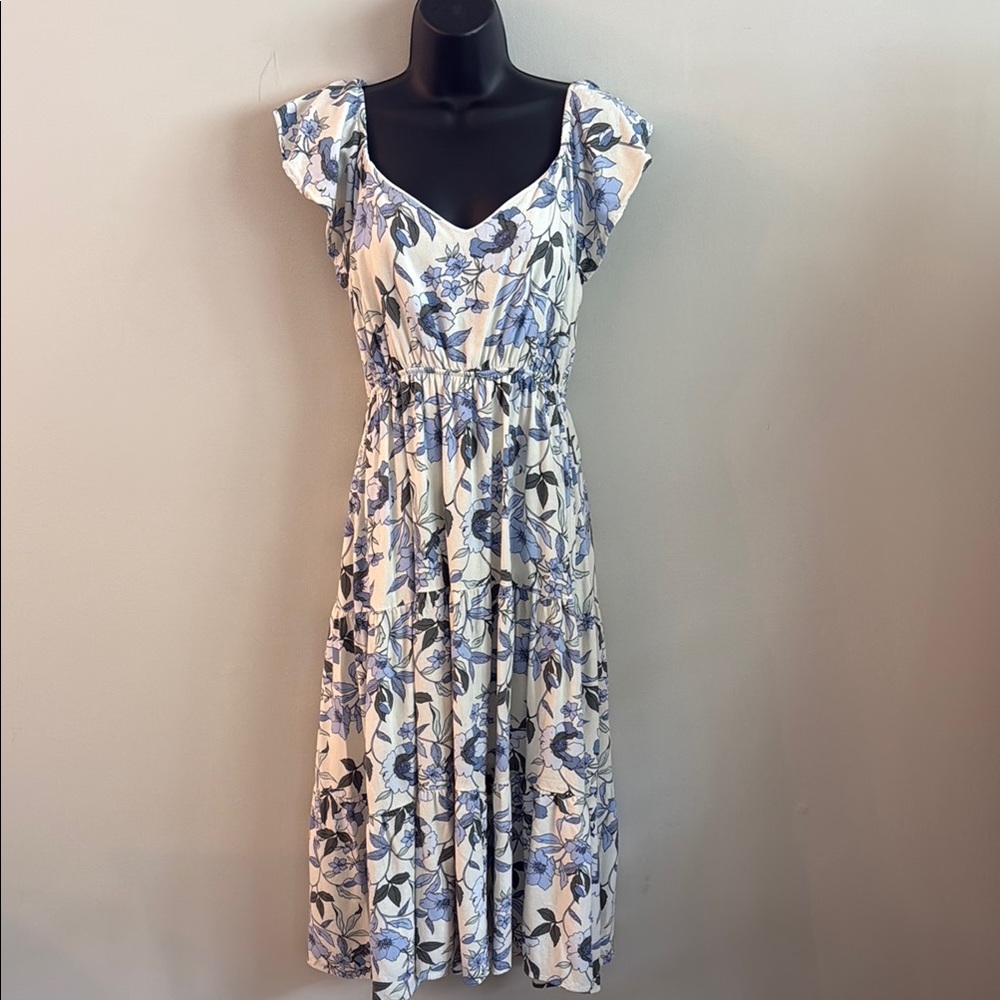 Baltic Born Blue and White Floral Maxi Dress with Flutter Sleeves- Smocked back